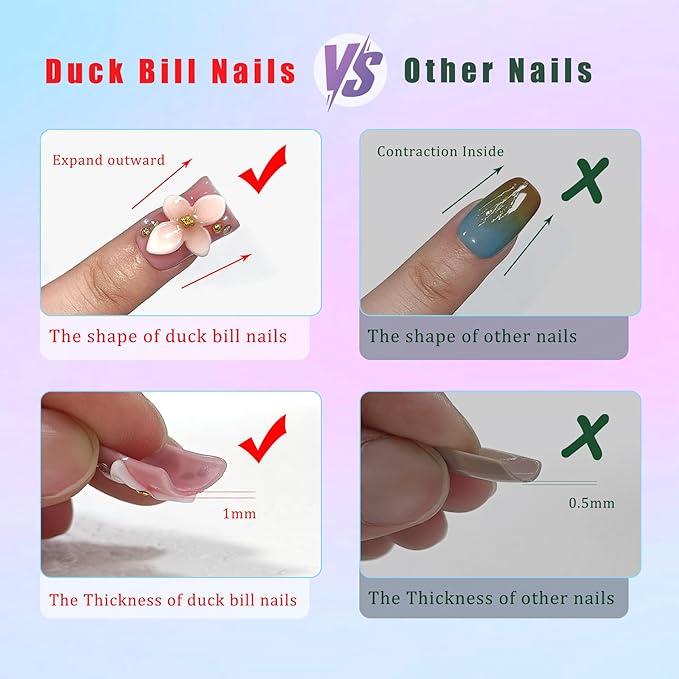 Handmade Duckbill Press on Nails Short - Ocean Blue 3D Shell Starfish Glitter Design Fake Nails with Tools, Acrylic Glossy Reusable Y2K False Duck Nails for Women Girls(S)