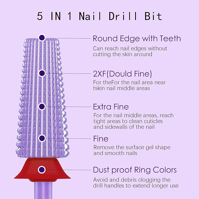 5 in 1 Nail Drill Bit, 3/32'' Professional Carbide Tungsten Drill Bit Nail Tech, Two Way Rotate Cuticle Gel Remover Drill Bit for Manicure Pedicure Acrylic Nail Poshling(Purple, Fine-F)