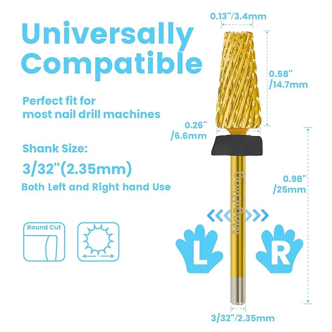 6.6mm Large Tapered Barrel 5-in-1 Nail Drill Bit, 3/32" Cross-Cut Safety Tungsten Carbide Efile Bit for Fast Gel & Acrylic Removal, Two-Way Rotation, Nail Tech & Beginner Bit, Titanium, Extra Coarse