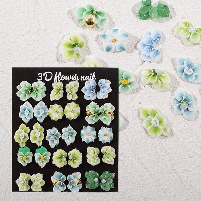 30PCS 3D Handmade Flower Nail Art Charms Advanced Handcrafted Cherry Blossom Flower Colorful Sculpted Floral Nails with Rhinestone Caviar Beads Design for Women Profession Nail Art Craft Jewelry