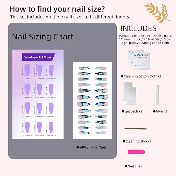 Press on Nails, 3D Blue Wing Design Long Stiletto False Nails with Rhinestone Decor, Reusable Artificial Nail Set for Women (24 Pcs)