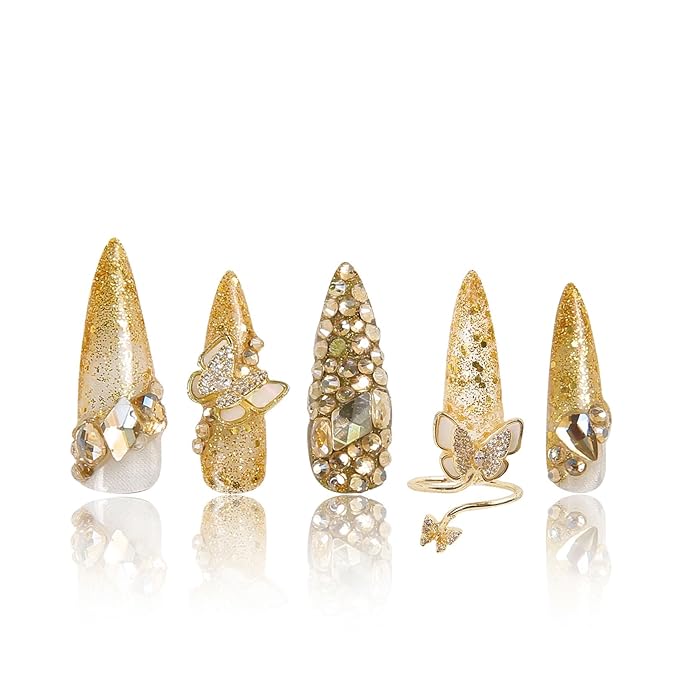 LOVFUL Press on Nails I can Fly French Tip | Handmade with Full Covered Crystals | Reusable Fake Nails | Stiletto Mid Length 1.7 in | H45-M