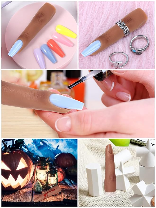 2 Pieces Silicone Practice Fingers for Acrylic Nails, Fake Training Hand Finger Model Flexible Bendable Mannequin Finger, Soft Realistic Joint Nail Practice Fingers with Makeup for Nail Art (Color 5)