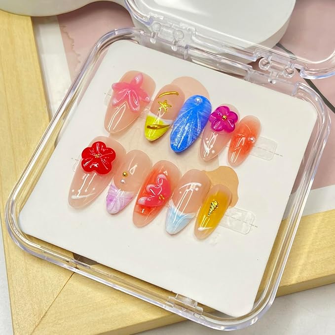 Handmade Press on Nails Flower Press on Nails Gradient French Fake Nails with 3D Starfiah Flower Acrylic Nails Designs Medium Almond Stick on Full Cover False for Women (Size M)