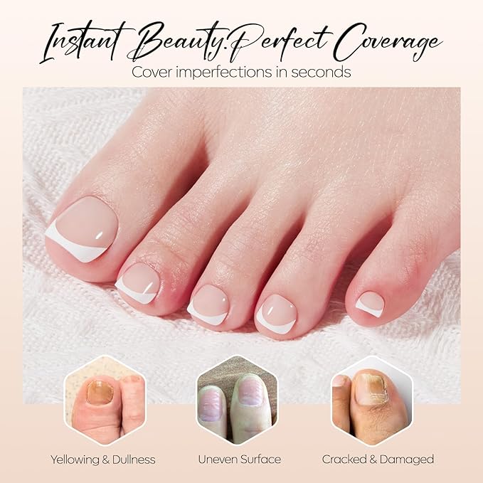 Modelones Press on Toenails Short, Nude French Tip Toe Nails Square, Reusable Nail Kit with Nail Glue Adhesive Tabs Mini Nail File, Toe Nails 36Pcs 18Sizes, Spring Women Girl Gift