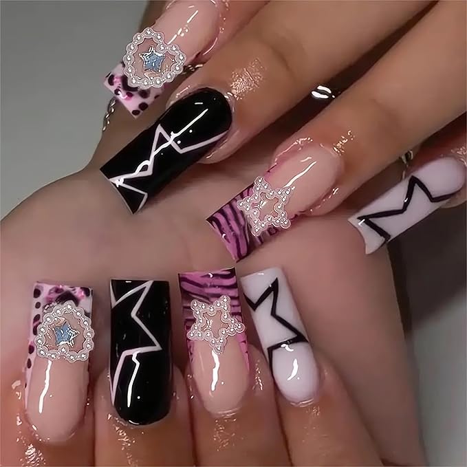 Long Press on Nails Square Pink French Tips Fake Nails with Star Charms Designs False Nails Press ons Glossy Glue on Acrylic Nails Black Full Cover Y2K Stick on Nail for Women Girls 24Pcs