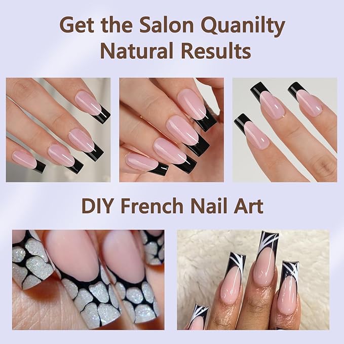 Misssix Black French Gel Nail Tips, 240Pcs French Tip Press on Nails Long Square, No Need to File 3 in 1 Tips Pre-lasting, Fake Nails for Nail Art DIY 15 Sizes