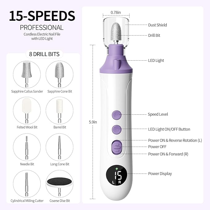 Professional Manicure Pedicure Kit, Cordless Electric Nail File with LCD & Lamp, Rechargeable Toenail Grinder for Thick Toenails, Portable Nail Dremel Tools for Women & Men Baby Pets