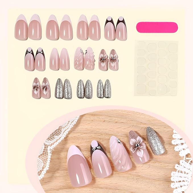 Flower Press on Nails Medium Almond Fake Nails French Tip False Nails Glossy Nails Press Ons with Rhinestones Design Silver Glitter Glue on Nail DIY Acrylic Stick on Nail for Women Decorations 24Pcs