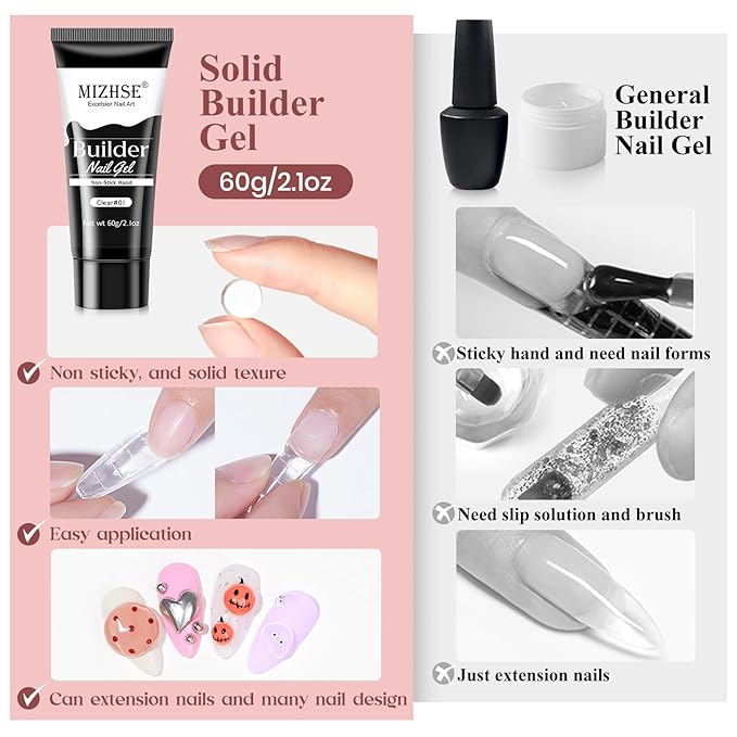 MIZHSE Solid Builder Gel, 2.1oz/60g Clear 3D Nail Gel Builder for Nails Non-sticky Simple Sculpture Molding Gel for Beginner & Professional DIY Salon Nail Art Design Home Manicure