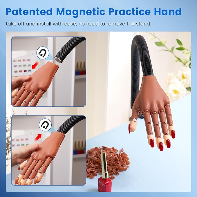 Magnetic Practice Hand for Acrylic Nails: Flexible Fake Nail Training Hand Practice - Manicure Hand Practice Kit for Beginners with 200PCS Nail Tips