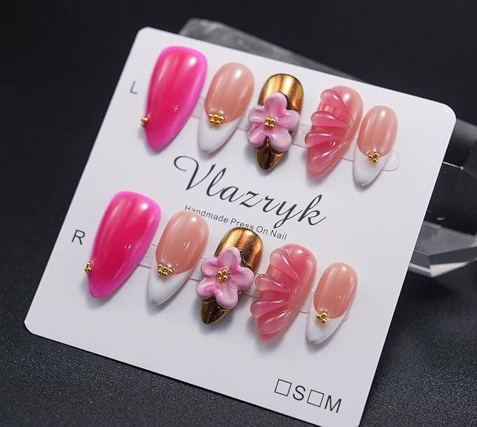 Luxury Almond Press-On Nails, 3D Flower French Tip Handmade Make Press On Nails, Gold and pink mix Design Reusable, Thick Acrylic Glossy False Nails for Women （10PCS)