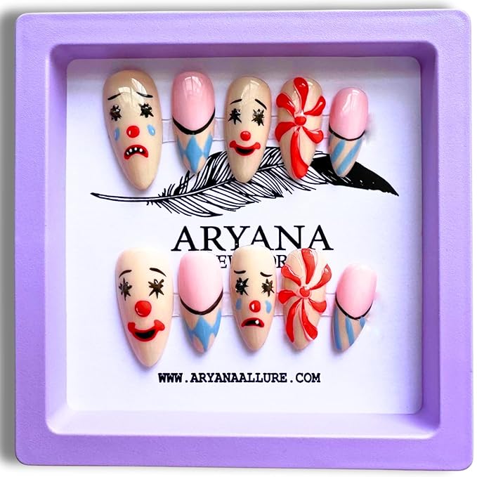 3D Handmade Press-On Nails – Medium Almond False Nails for Women, French Acrylic Look Stick-On Nails | Clown Collection (Medium)