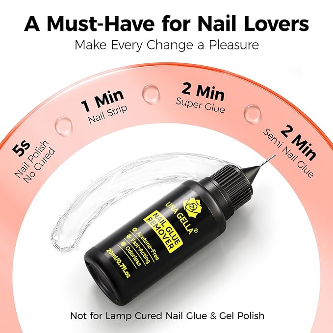 UNA GELLA Nail Glue Remover for Press on Nails，20ml Pinpoint Non-Acetone Gel Nail Glue Remover for Nails Tips，Gentle GLUE Remover with Upgraded Stick Easy Removal DIY Manicure Supply