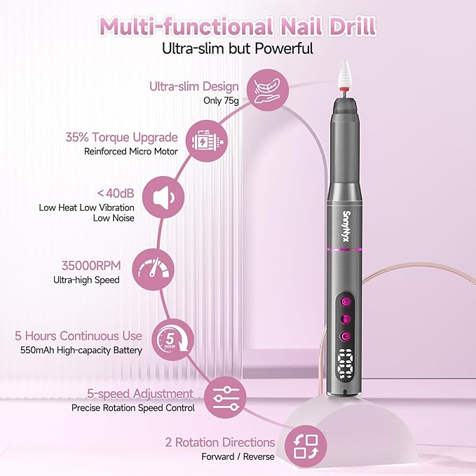 Cordless Electric Nail Drill 35000 RPM, Professional Nail File Kit with LCD Display, 12 Bits & 36 Sanding Bands, for Acrylic Gel Nails, Pet Claws, Salon & Home Use (Matte Gray)