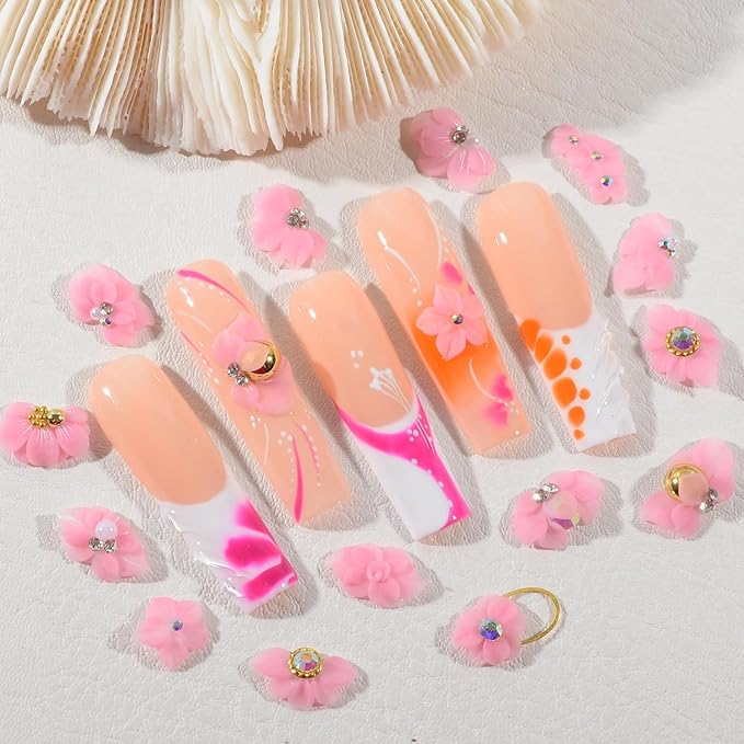 30PCS 3D Handmade Flower Nail Art Charms Advanced Handcrafted Cherry Blossom Flower Colorful Sculpted Floral Nails with Rhinestone Caviar Beads Design for Women Profession Nail Art Craft Jewelry