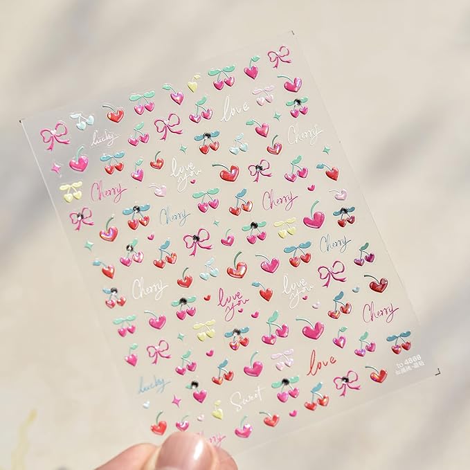 Cherry Nail Art Stickers Heart Nail Decals 5D Embossed with Diamond Design Self Adhesive Bow Nail Stickers Spring Summer Manicure Sticker Supply for Women Girls Kid Nails Decoration Accessories