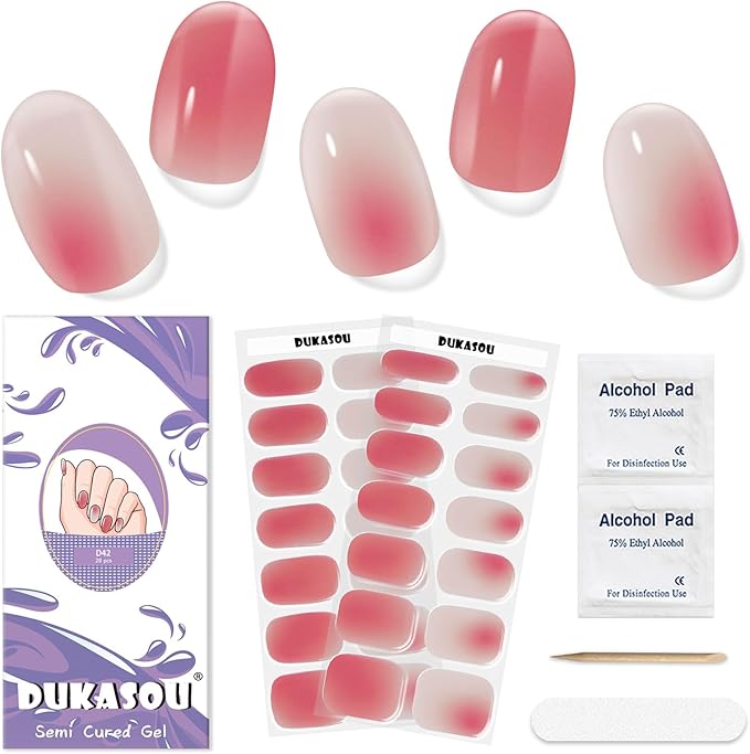 Semi Cured Gel Nail Strips,28 pcs Gel Nail Stickers/Wraps(Red Gradient),Long Lasting Polish Stickers UV Cure,Works with Any UV Lamp,Easy to Apply