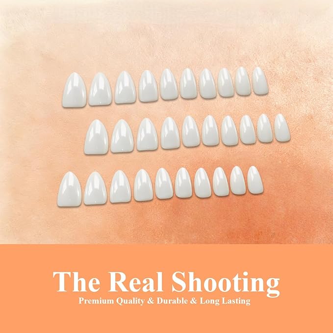 Chrome Ivory White Press on Nails Short Almond, Glazed Cute Fake Nails with Sparkle Mirror Design, Shiny Off White Glue on Nails Stiletto, Gel Nail Press ons with Glue for Fingernail 30 Pcs