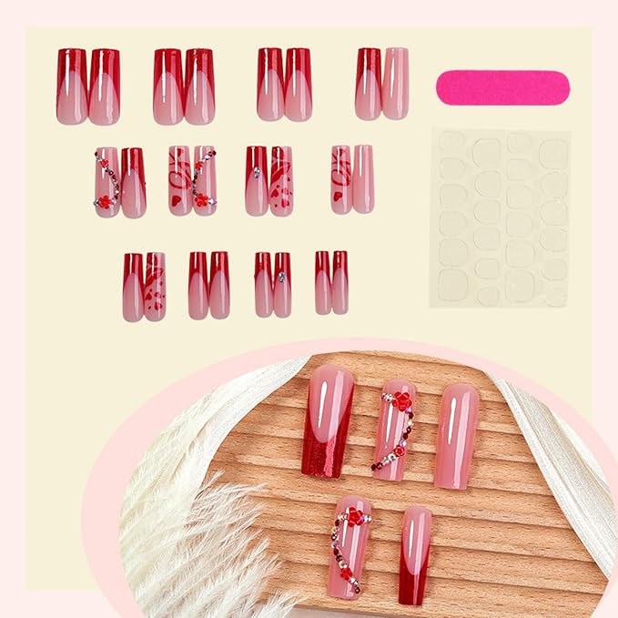 Long Press on Nails Square Fake Nails Red Artificial Nail SEENEEY Heart Love Rhinestones Cute Stick on Nail for Women 24pcs