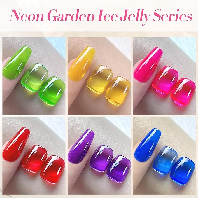 BORN PRETTY Jelly Gel Nail Polish Neon Spring Summer Gel Polish,Hot Pink Red Purple Blue Green Yellow 6Colors Translucent Effect,Soak Off U v LED Light Cure Nail Art Kit Salon Manicure and DIY at Home