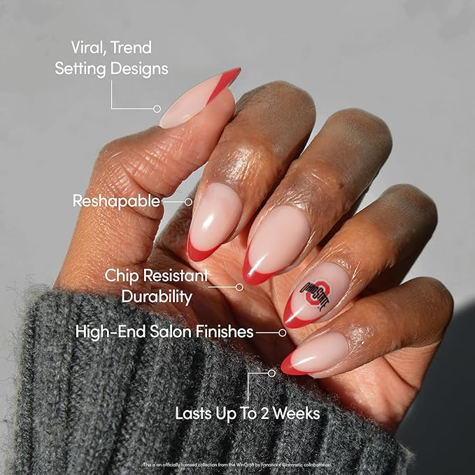 Glamnetic x Fanatics Press On Nails - Ohio State Buckeyes | Short Almond Fake Nails, Collegiate Buckeyes Scarlet French Tips, College Nails, Salon-Quality | 15 Sizes - 30 Nail Kit with Glue