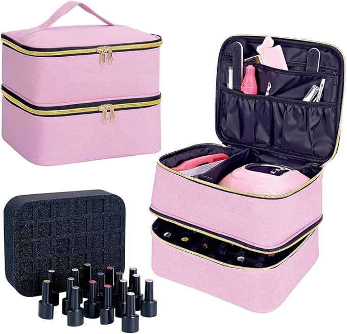Nail Polish Organizer, Handheld Double Layer Organizer Holds 30 Bottles (15 ml/0.5 floz) with Adjustable Dividers for Nail Polish Small Manicure Lamp Manicure Tools Essential and Travel,Pink Gold