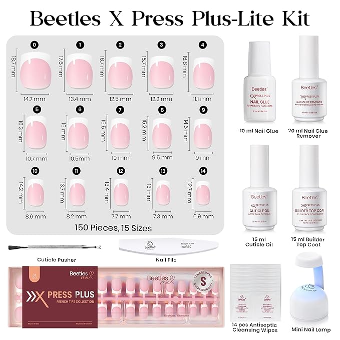 Beetles X Press Plus Gel Nails Kit | Pink French Tip Press On Nails Short Square | 15 Sizes 150Pcs All-in-One Kit With Nail Glue,Remover,Builder Top Coat,Nail Lamp Gift For Women