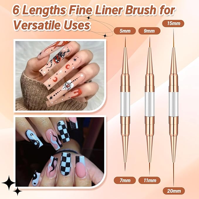 Double-Ended Acrylic Nail Art Liner Brushes, 6Pcs Gel Polish Nail Art Design Pen Painting Tools Set For Nails, Dotting Drawing Tool Polygel Brush for Long Lines, Thin Details, Fine Drawing