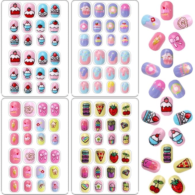 96Pcs 4 Packs Cute Short Press on Nails for Girls 4 Styles 12 Sizes Press on Nails for Kids Press ons with Dessert Bow Fruit Food Designs Full Cover Acrylic Nails for Little Girl Gift DIY Manicure