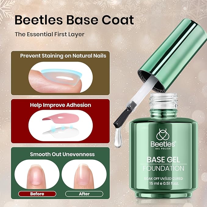 Beetles No Wipe Gel Top Coat and Base Coat Set, 2 Pcs 15ml Top Coat Nail Polish & Gel Base Shine Finish Long Lasting, Soak Off LED Lamp Nail Art Design Manicure Gifts for Women