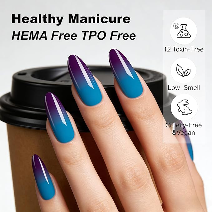 YTD Likomey Color Changing Gel Nail Polish,15ml Deep Purple To Turquoise Green Mood Temperature Change Colors,Thermal Ombre Home Salon Fall Winter Manicure UV Nail Gel,WB421