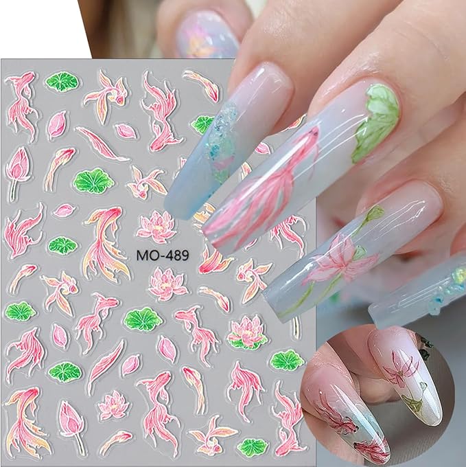 3Pcs Cute Nail Art Stickers Decals 5D Embossed Lucky Koi Fish Nail Stickers Chinese Style Design Loong Phoenix Nails Decals Pink Dragon Manicure Supplies Elegant Spring Nails Art Decorations for Women