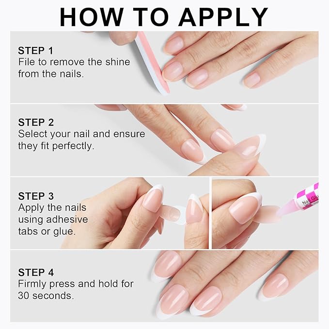 French Almond Gel Press On Nails Short 16 Sizes Fake Nails Glossy 32pcs, Nail Glue Included