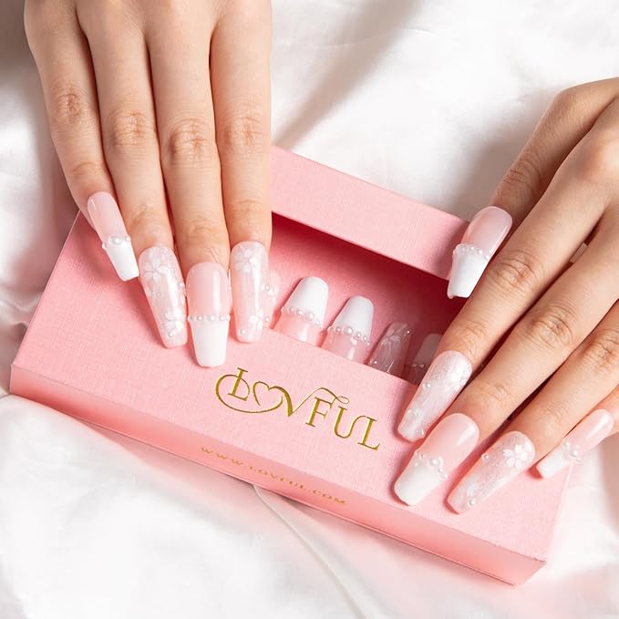 LOVFUL Press on Nails Soft Memory | Handmade with Full Covered Crystals | Reusable Fake Nails | Coffin Classic Regular 1.3 in | H276-L