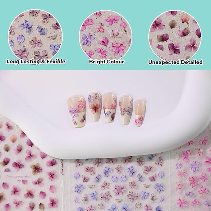 Floral Petal Nail Art Stickers, Thin Flower Nail Decals, Self-Adhesive, Summer Spring Nail Accessories for Women, Nail Decorations 3 Sheets