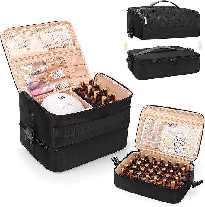 OCHEAL Nail Polish Organizer, Holds Nail Lamp and 45+ Bottles,3 Usage Modes Detachable Nail Storage Bag Travel Nail Tech Case Holds Nail Kit Stuff Manicure Tools -Black
