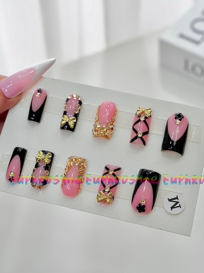 Black and Pink Press On Nails – 10PCS Glossy Coffin Fake Nails with Criss-Cross Ribbon, Rhinestones and Gold Butterfly Charms, Reusable Glam Nails for Women and Girls – Euphrosyne