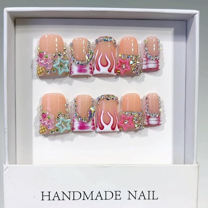 10Pcs Short Duck Press on Nails Handmade Fake Nails with Flame Star Rhinestone Design Multi Layer Gel False Nails Acrylic Duck Nails Press ons Artificial Handmade Stick on Nail for Women (M)