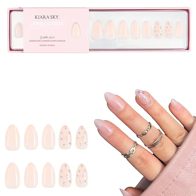 Kiara Sky Press On Nails | XPRESS PRO 100% Acrylic Nails | 30-Piece Kit Includes Nail Glue, Cuticle Pusher, File & Prep Pad | Short Almond - Subtle Hint