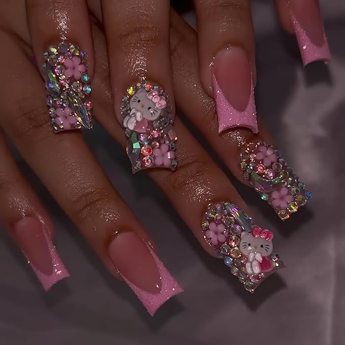 Pink Glitter French Tip Press on Nails Medium Square Fake Nails Glossy Rhinestones Full Cover Coffin False Nail with Rhinestones Charms Design Acrylic Nail for Women 24Pcs