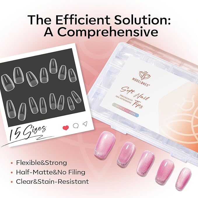 modelones Short Coffin Nail Tips, 360pcs Pre-etched 15 Sizes Clear Fake X Nail Gel Press On Full Cover Half Matte Acrylic Gel Tips for Extension Salon