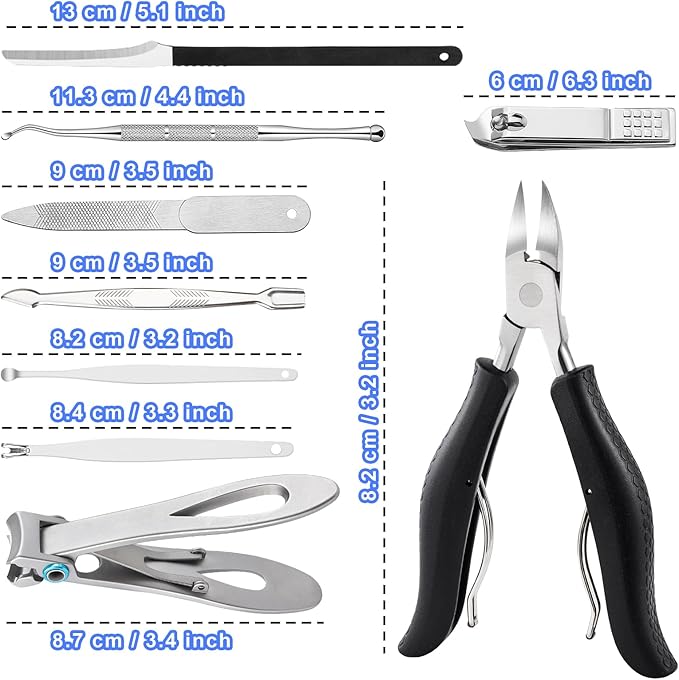 SOUTHMAN Toenail Clippers for Thick & Ingrown Nails Toenail Clippers Kits Stainless Steel Super Sharp Curved Blade Grooming Nail Tool for Man & Women Nail Clippers (9pcs)