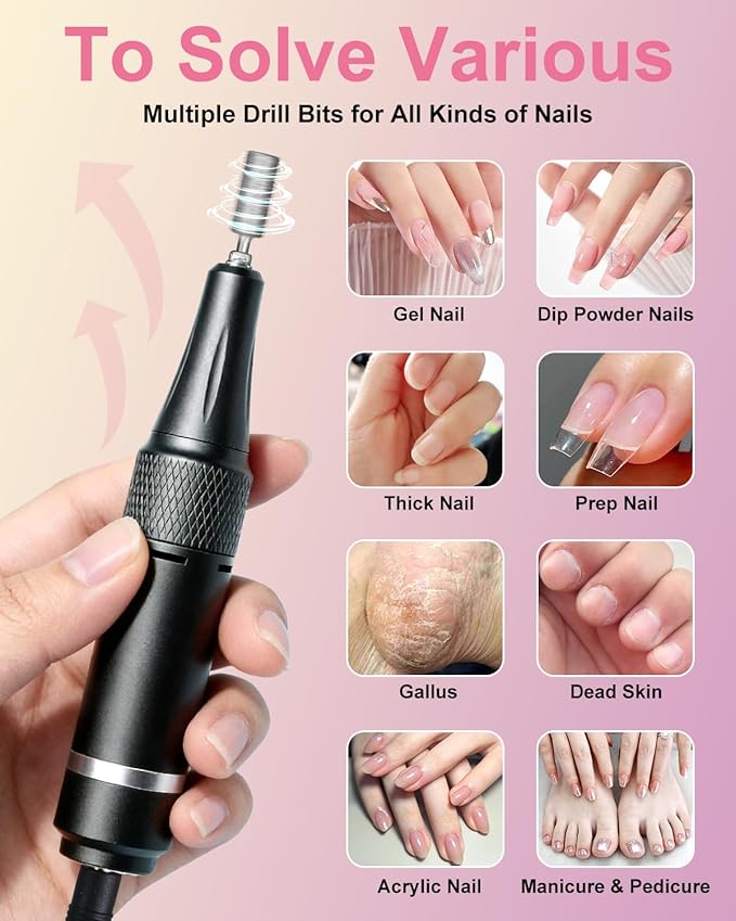 Professional Electric Nail Drill Kit 35000RPM with 14PCS Bits Pink Portable Rechargeable Cordless File Machine for Acrylic Gel Powder Nails and Manicure Pedicure Toenail Tool Salon Set