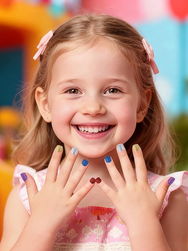 EBANKU 24 Pack Kid Fake Nail Kit, 576 Pieces Sparkle Press on Nails for Kids Colorful Stick on Nail Short Artificial False Nail Kits for Girls