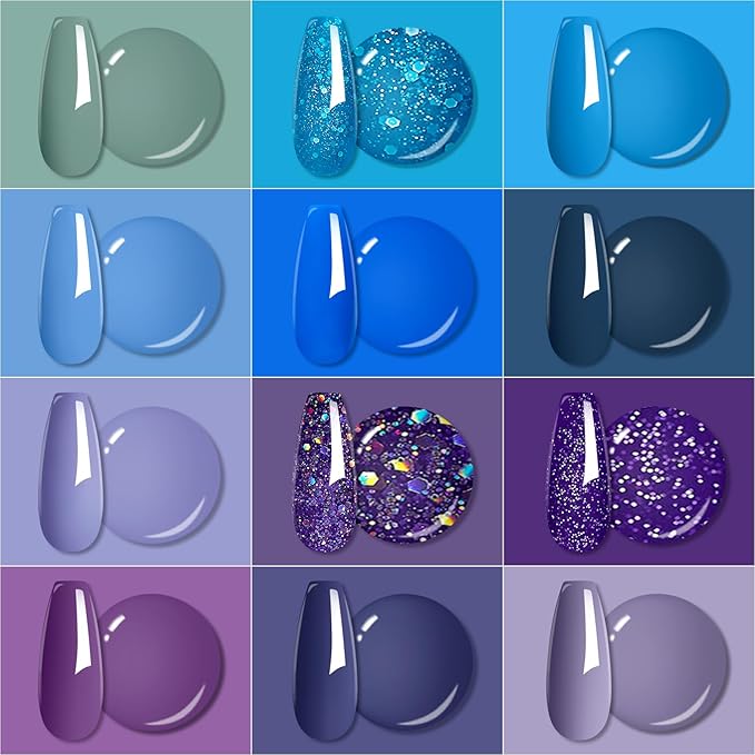 MTSSII Gel Nail Polish Set 12 Colors Blue Purple Gel Polish Kit Baby Blue Lavender Dark Purple Glitter Gel Nail Polish Aquamarine Mermaid Soak off Uv LED Gel Manicure DIY Nail Home
