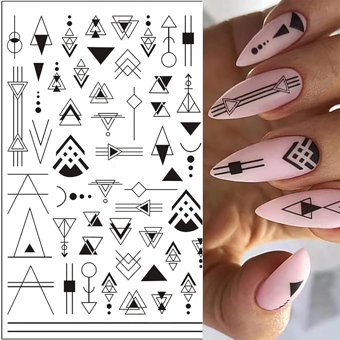 10 Sheets Black White Geometric Nail Art Stickers Decals 3D Self-Adhesive DIY Geometry Triangular Rhombus Minimalist Design Acrylic Nails Supplies Manicure Decorations Tip for Women Men