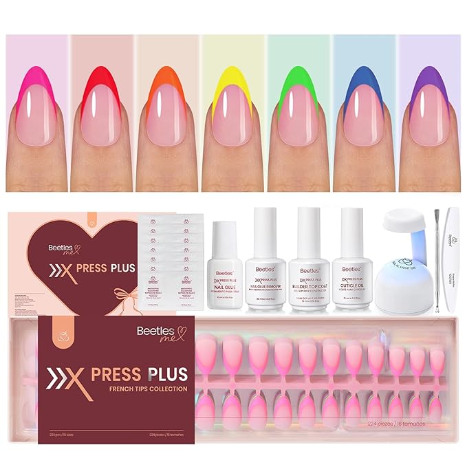 Beetles X Press Gel Nail Kit: 7 Colors Short Almond French Tip Press On Nails Kit With 224Pcs Nail Tips Nail Glue & Builder Top Coat Mini UV Light, All-in-One DIY Designs Gift For Women At Home