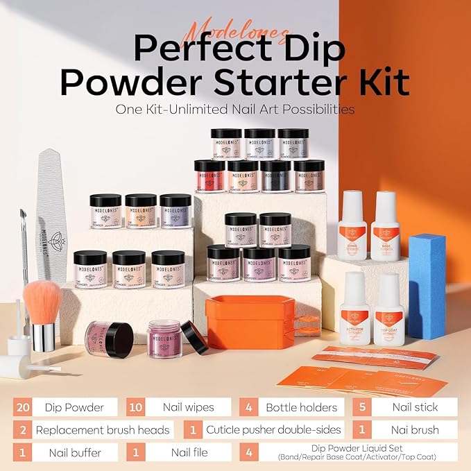 Modelones Dip Powder Nail Kit Starter, 20 Colors Pink Orange Dipping Powder Liquid Set Base&Top Activator for French Nail Art Salon DIY Kit
