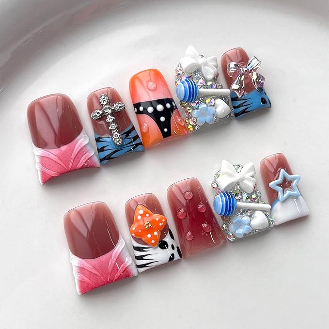 French Tip Press on Nails Handmade Short Duck 3D Flower Thick Acrylic Nails Cool False Nails with Flower Bow Rhinestones Lollipop Designs Cute Glossy Fake Nail Sturdy Art Press on Nail 10Pcs(M)